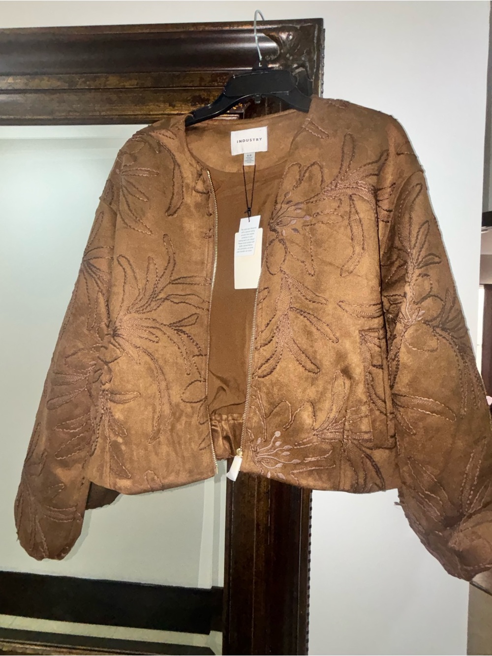 INDUSTRY Brown Embroidered Suede-Effect Zip Jacket - Women
